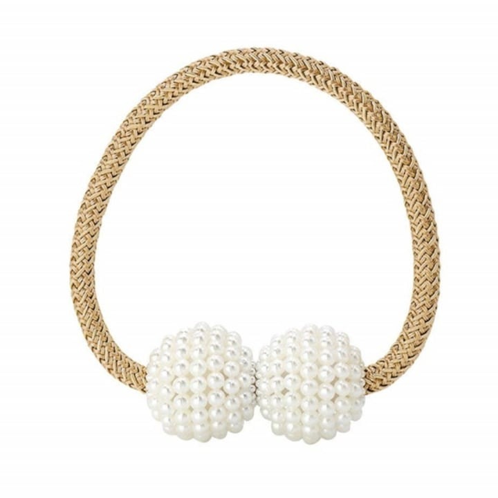 Magnet decorativ pentru perdele si draperii, catarama cu perle si curea cu textura tesuta, poliester, 48 cm, auriu, Dactylion®