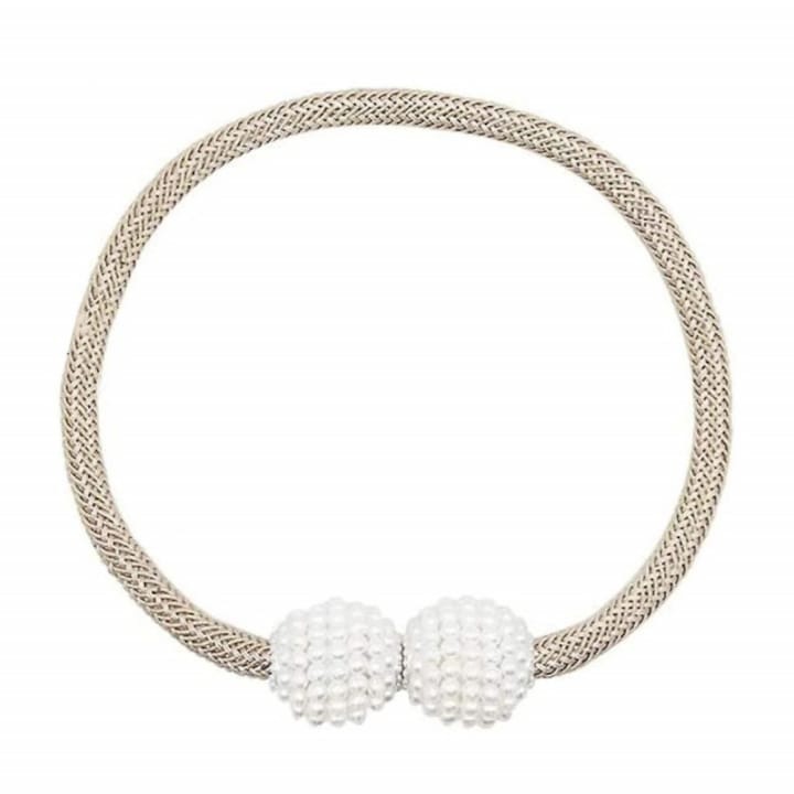 Magnet decorativ pentru perdele si draperii, catarama cu perle si curea cu textura tesuta, poliester, 48 cm, bej, Dactylion®