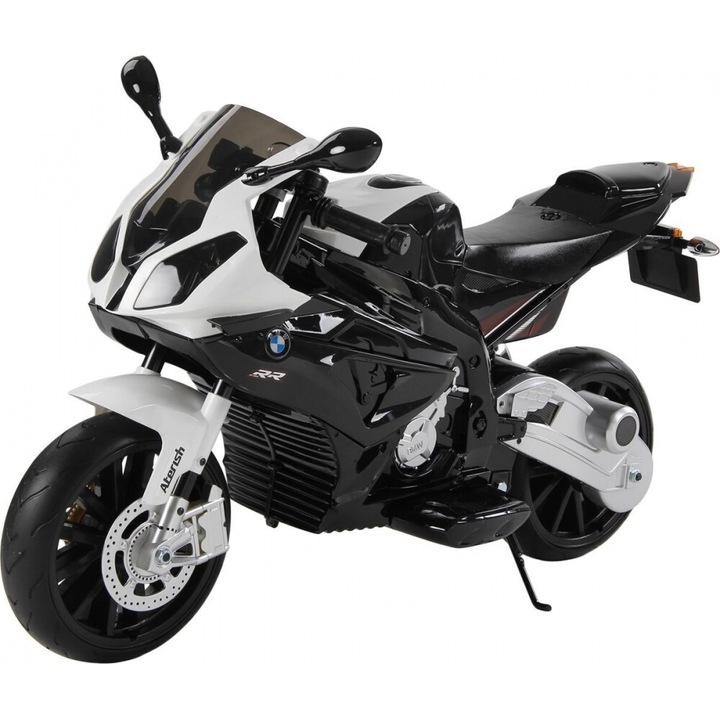 Motocicleta electrica pentru copii 12V 90W BMW 528 RR cu pornire la cheie, roti eva si scaun de piele, doua motoare puternice si cric pliabil
