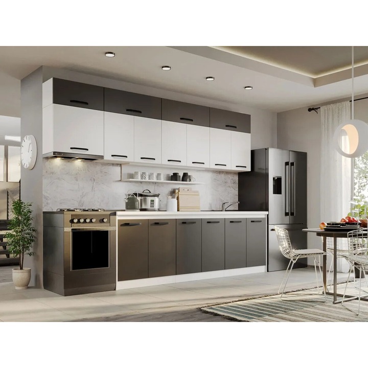 Set Mobila Bucatarie, Fog, 60, Alb cu Gri, 300 cm, Pal Melaminat