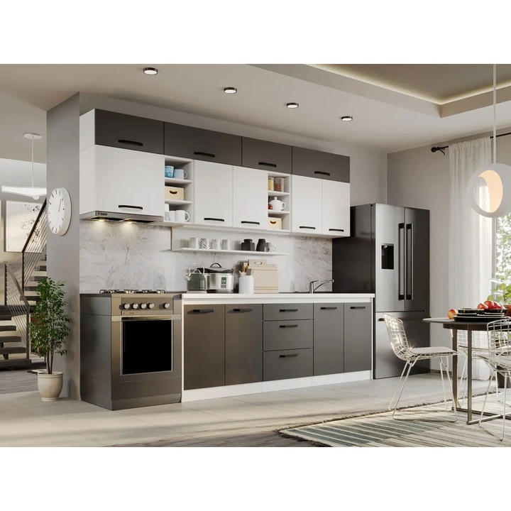 Set Mobila Bucatarie, Fog, 57, Alb cu Gri, 280 cm, Pal Melaminat