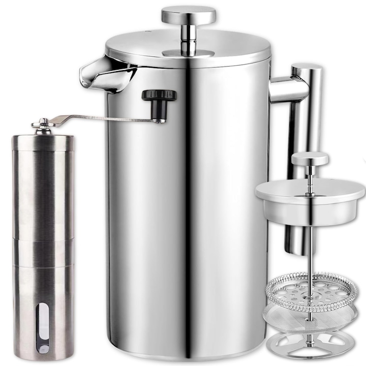Set 2 in 1, Cafetiera cu presa franceza pentru cafea, ceai, spumare lapte, Cadonique®, Capacitate mare 1000 ml, Otel inoxidabil durabil, Cana cu pereti dubli, 3 Filtre, Maner ergonomic, Rasnita manuala cu reglare granulatie, Pudra uniforma, Argintiu