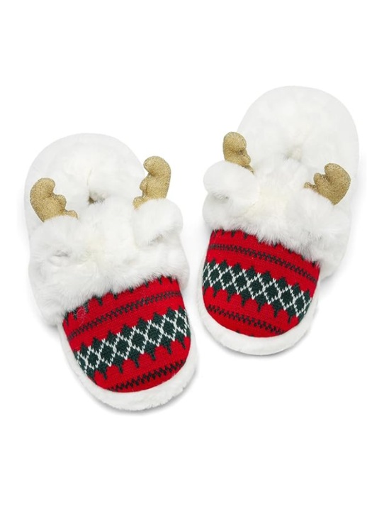 Papuci imblaniti in forma de ren cu urechi si cornite aurii, ASHION, caldurosi, Marimea 39, unisex, Alb, verde si rosu