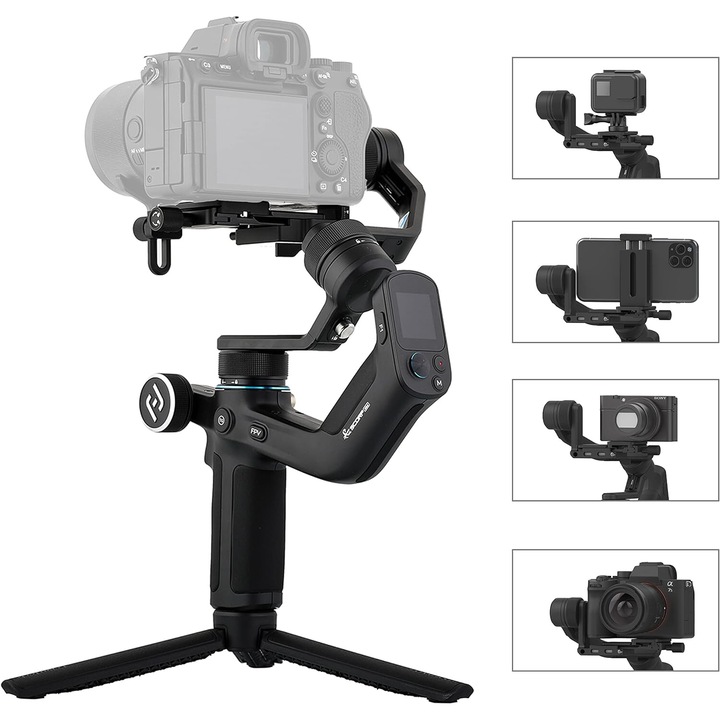 Система за стабилизация на изображението, 4 в 1, Gimbal стабилизатор с 3 оси, 1.3 инчов дисплей, Бързо зареждане, Мултифункционално колело, Натоварване до 1.2 кг, За екшън камера, GoPro, Смартфон, Видео камера, Scorp Mini