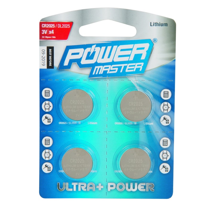 Комплект от 4 батерии тип CR2025, 3V, литиева, Power Master