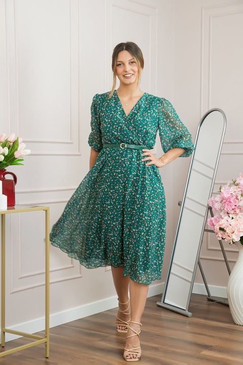 Rochie verde din voal cu imprimeu floral si curea ajustabila, Verde