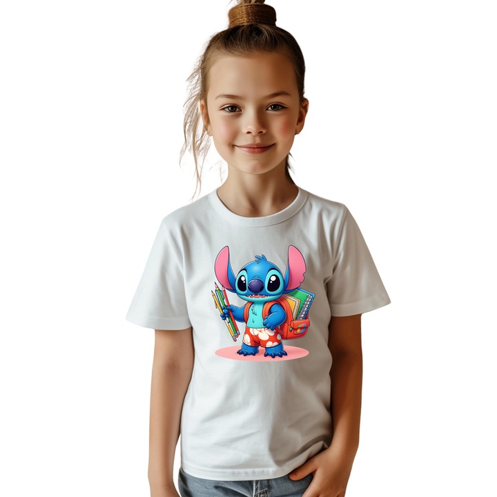 100% pamut gyermek póló, Stitch, Vissza az iskolába, oktatás, ceruzák, könyvek, Fehér