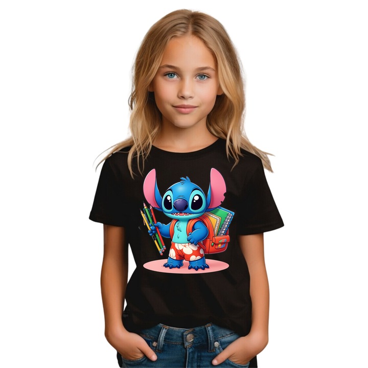 100% pamut gyermek póló, Stitch, Vissza az iskolába, oktatás, ceruzák, könyvek, Fekete