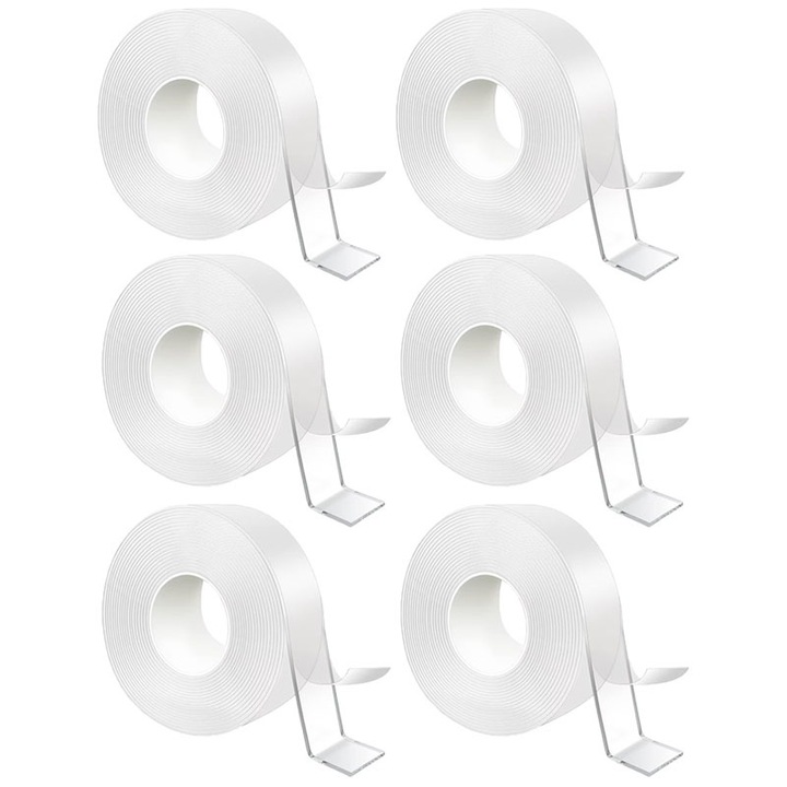 Комплект от 6 х NEXTLY двойнозалепваща лента, 5 метра/брой, силно залепваща, водоустойчива, гъвкава, силиконова, не оставя следи върху повърхности, приложима върху различни повърхности, прозрачен