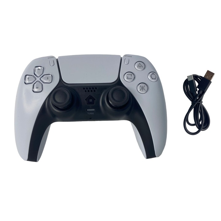 Controller Wireless Compatibil PS 5, PS 4, PS 4 PRO-SLIM, Smarthphone, PC Games D-INPUT si X-INPUT, PC-360, DualSense, Speaker Incorporat, Ecran Tactil, Vibratii, Incarcare USB TYPE-C, Alb, HAPPY JOKER®