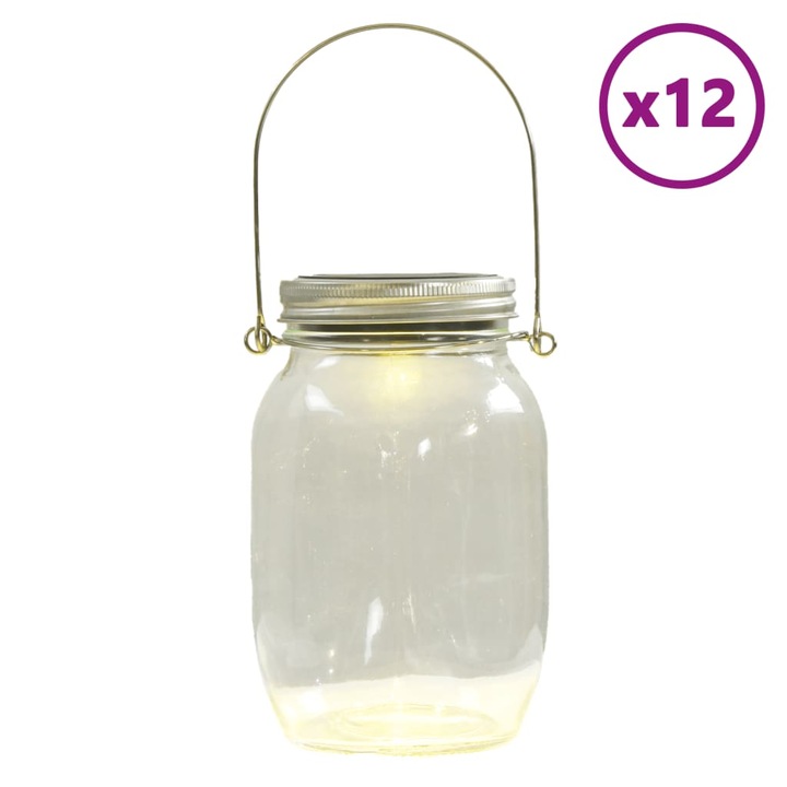 Set lampa solara din sticla pentru exterior vidaXL, 12 buc., alb cald, 6.15 Kg
