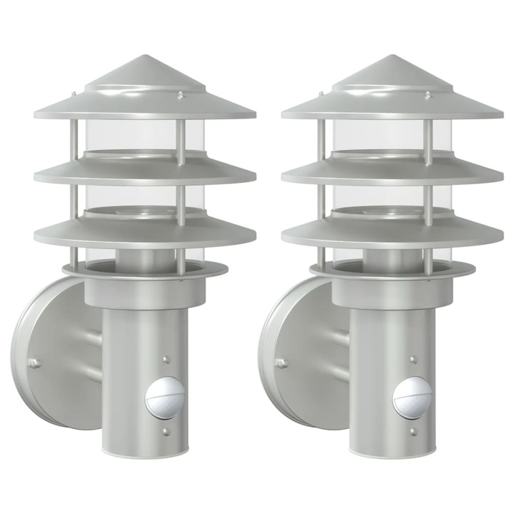 Set lampi exterioare de perete cu senzor vidaXL, 2 buc., argintiu, otel inox, 1.86 Kg