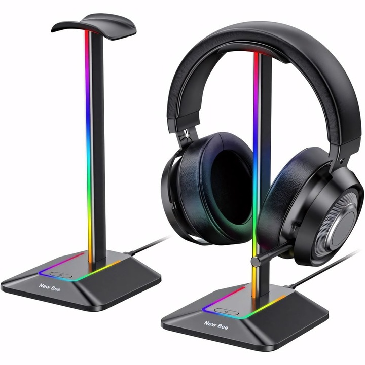 Suport casti gaming, AB Luxury Concept®, cu iluminare ambientala RGB, functie transfer date si incarcare, cu 2 x USB, functie plug and play, antiderapant, aluminiu, negru, Disco-stand