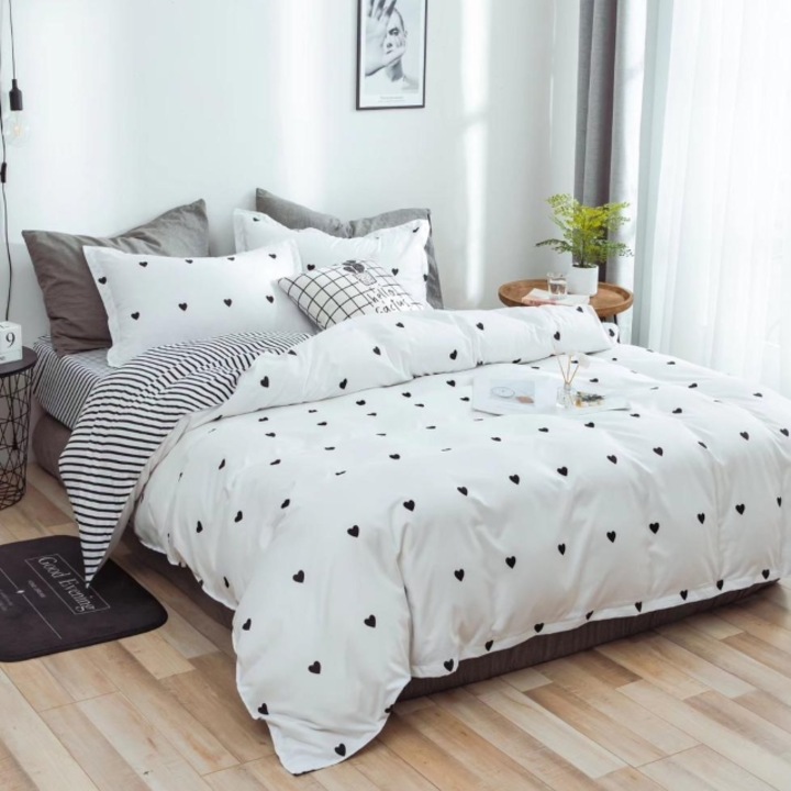 Lenjerie pat dublu, 4 piese, 2 persoane, 240x250cm, Bumbac Satinat, Imprimeu Inimioare, Alb-Negru