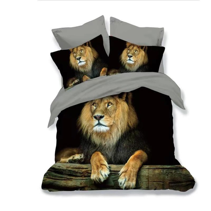 Finet 3D dupla pamut ágyneműhuzat, 6 db 220 x 240 cm, Oroszlán, Fekete, Pucioasa FN3D88