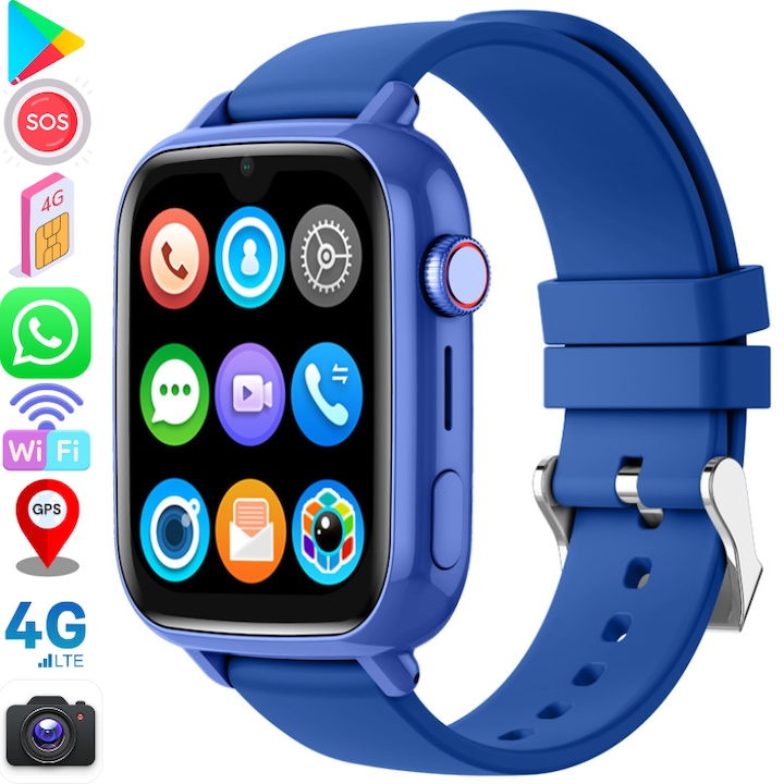 Okosóra gyerekeknek, 4G, GPS-el, WhatsApp, SOS gomb, Kémfigyelés, Érintőképernyő IPS 1.91", SIM kártya nyílás, GPS+LBS pontos hely, Wi-Fi, Videohívás, HD kamera, Hangüzenet, 800 mAh akkumulátor, Telefon kompatibilis Android IOS, WIRSEN®, kék