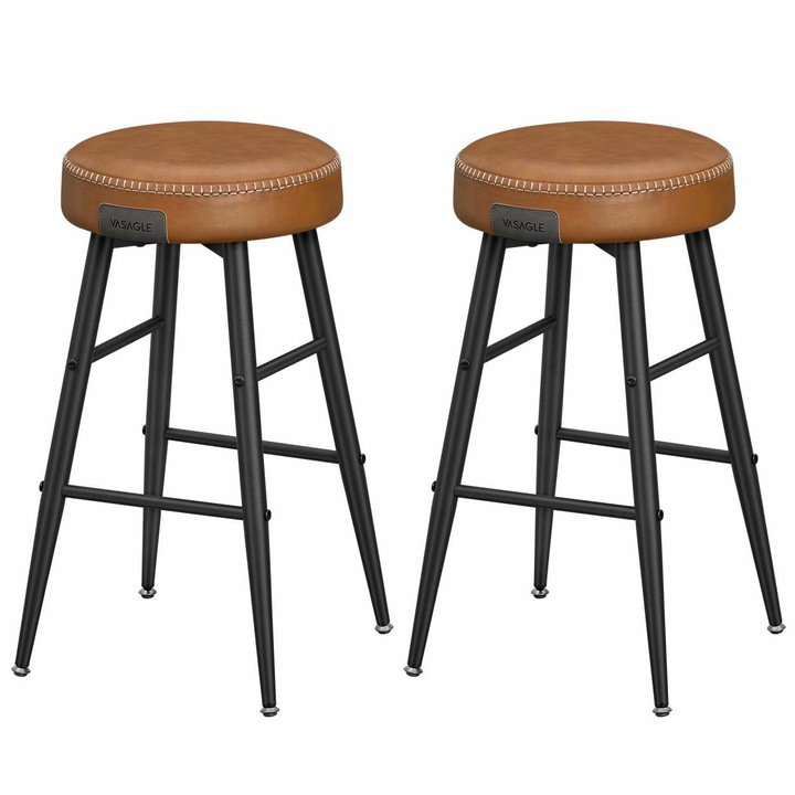 Set De 2 Scaun De Bar, Songmics, Picioare Conice Din Otel, Piele Sintetica Impermeabila, Spuma De Inalta Rezilienta, 49.5 x 49.5 x 63 cm, Maro Caramel