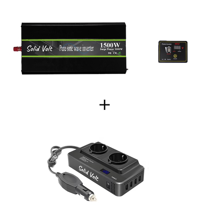 Set Invertor 1500 W, sinus pur, 24 V - 220 V, auto si sisteme panouri solare, rulota, 200W/400W adaptor priza bricheta 12V, 2 prize europene
