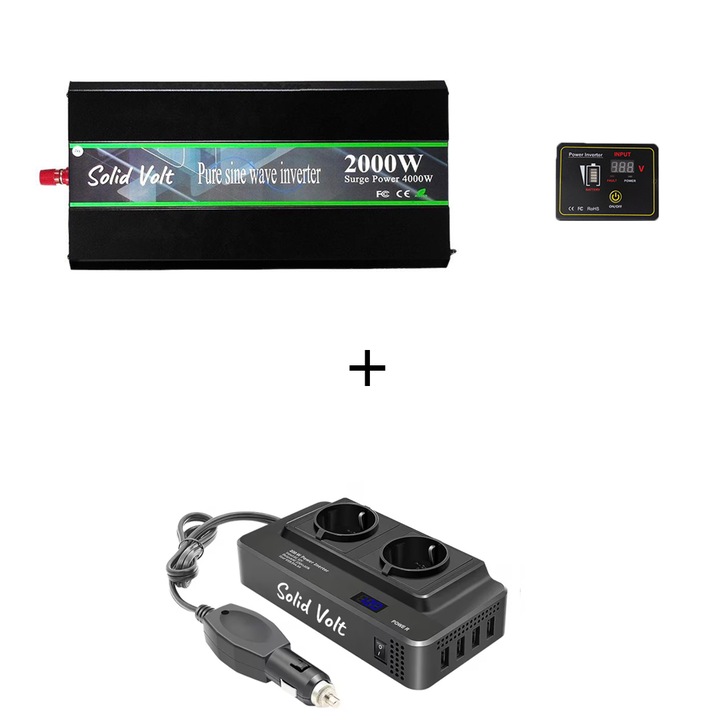Set Invertor 2000 W, sinus pur, 24 V - 220 V, auto si sisteme panouri solare, rulota, 200W/400W adaptor priza bricheta 12V, 2 prize europene