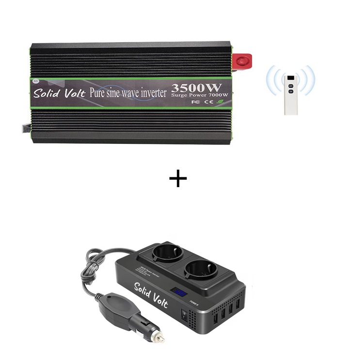 Set Invertor 3500 W, sinus pur, 12 V - 220 V, auto si sisteme panouri solare, rulota, 200W/400W adaptor priza bricheta 12V, 2 prize europene