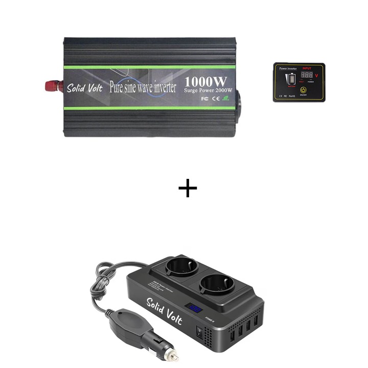 Set Invertor 1000 W, sinus pur, 24 V - 220 V, auto si sisteme panouri solare, rulota, 200W/400W adaptor priza bricheta 12V, 2 prize europene