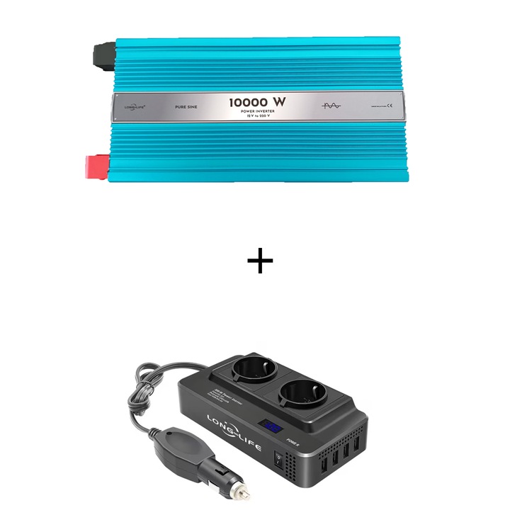 Set Invertor 10000 W, sinus pur, 12 V - 220 V, auto si sisteme panouri solare, rulota, 200W/400W adaptor priza bricheta 12V, 2 prize europene
