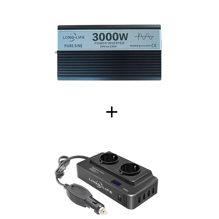 Set Invertor 3000 W, sinus pur, 24 V - 220 V, auto si sisteme panouri solare, rulota, 200W/400W adaptor priza bricheta 12V, 2 prize europene