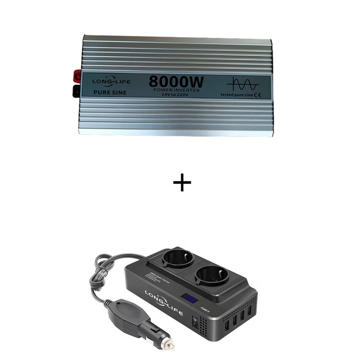 Инверторен комплект 8000 W, чист синус, 24 V - 220 V, системи за автомобили и соларни панели, каравана, 200W/400W 12V адаптер за запалка, 2 европейски контакта