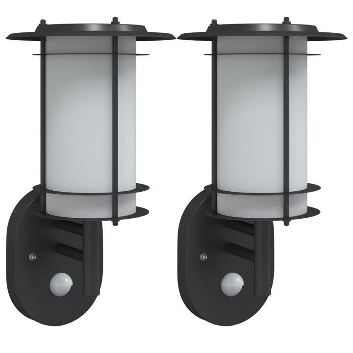 Set lampi exterioare de perete cu senzori vidaXL, 2 buc., negru, otel inox, 1.85 Kg