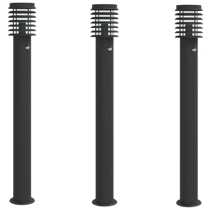 Set lampi exterioare de podea senzori vidaXL, 3 buc., negru, 110 cm, otel inox, 8 Kg