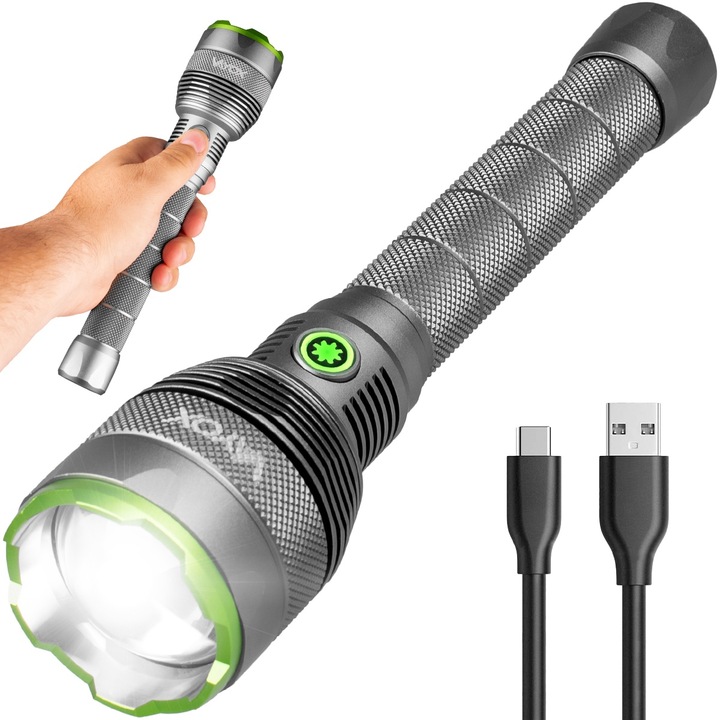 Vayox Pro Series VA0254 LED тактически фенер, изработен от алуминий, 10000 лумена, включена батерия, IPX7 водоустойчивост, USB-C зареждане, Powerbank, сив