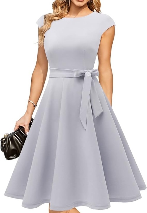 Rochie midi DRESSTELLS, stil clasic retro, Argintiu
