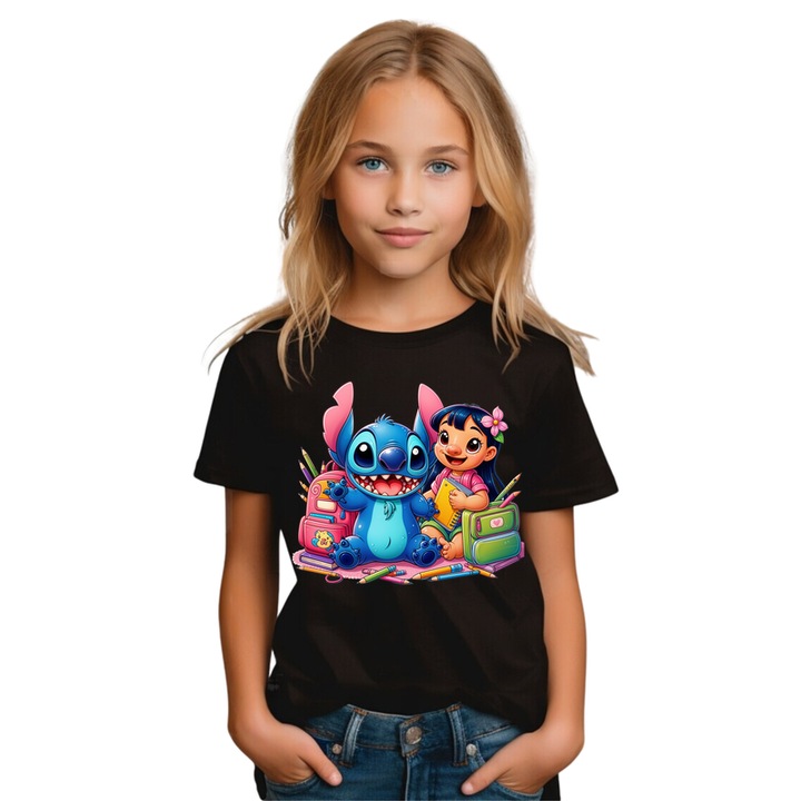 100% pamut gyerek póló, Stitch, Lilo, Vissza az iskolába, oktatás, játék, ceruzák, Fekete