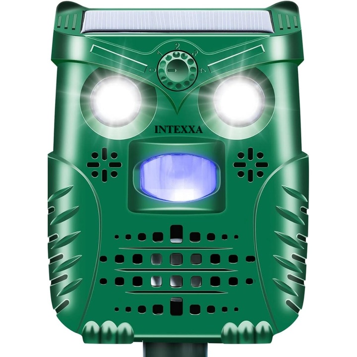 Aparat cu ultrasunete INTEXXA®, Impotriva Rozatoarelor, Anti animale salbatice, Caini, Pisici, Multiple Moduri de functionare, Acumulator cu Incarcare duala solara/cablu USB-C, Senzor miscare, Led-uri stroboscopice, Rezistent la apa IP44, verde