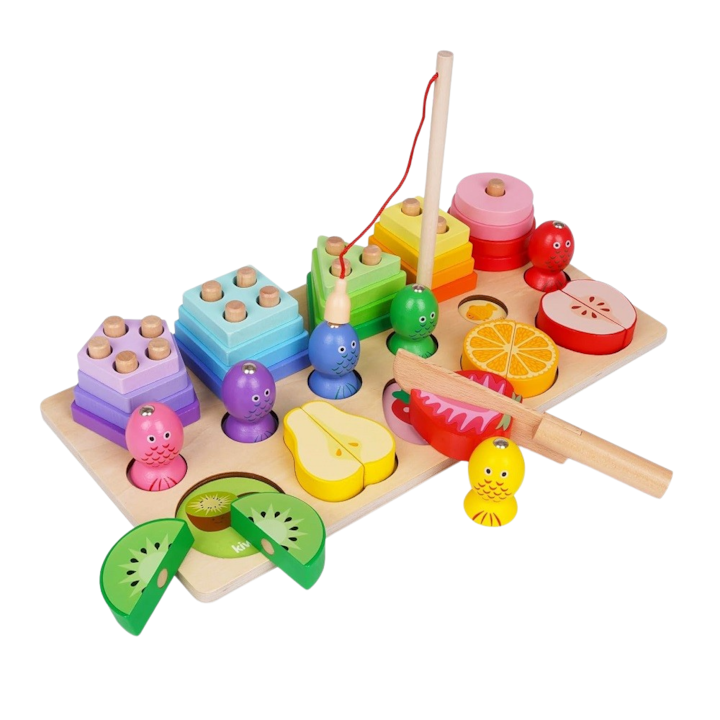 Joc educativ Montessori 3 in 1 din Lemn pentru copii, Sortator cu Blocuri Geometrice, Pescuit magnetic si Feliere a Fructelor, + 3 ani