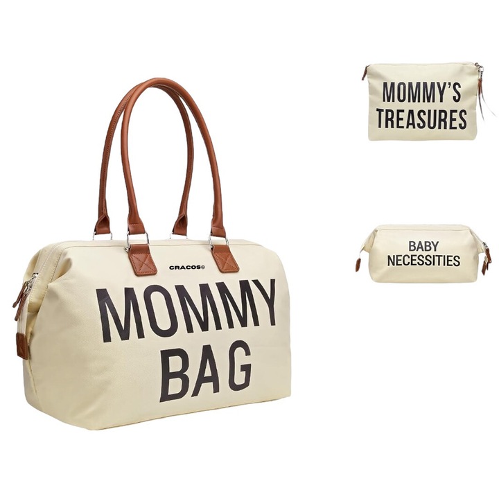 Utazószett Mommy Bag, Cracos, 3 speciálisan anyáknak és babáknak tervezett és adaptált táska, vízálló anyag, hő- és védőzsebek, többfunkciós, fő táska méretei 56x 30 x 20 cm, fehér, barna díszítéssel