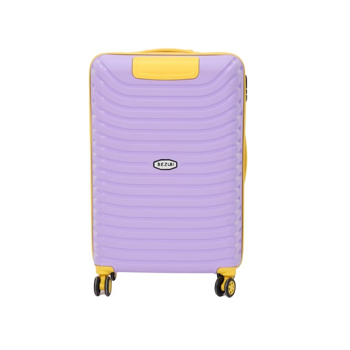 Куфар, Среден, Bezubi Easy Travel, ръчен багаж, 71x44x32, обем 88 литра, телескопична дръжка, 4 безшумни двойни колела, въртене на 360 градуса, затваряне с цип и цифри, разделяне с джоб, специален гъвкав нечуплив PP материал, лилаво-жълт
