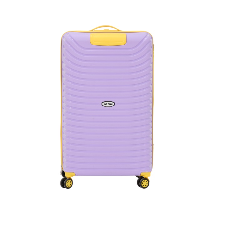 Troler mare Bezubi Easy Travel, bagaj de cala, 84x50x38, volum 140 litri, maner telescopic, 4 roti duble silentioase, rotire 360 grade, inchidere cu fermoar si cifru, compartimentare cu buzunar, material PP special flexibil anti-casabil, mov-galben