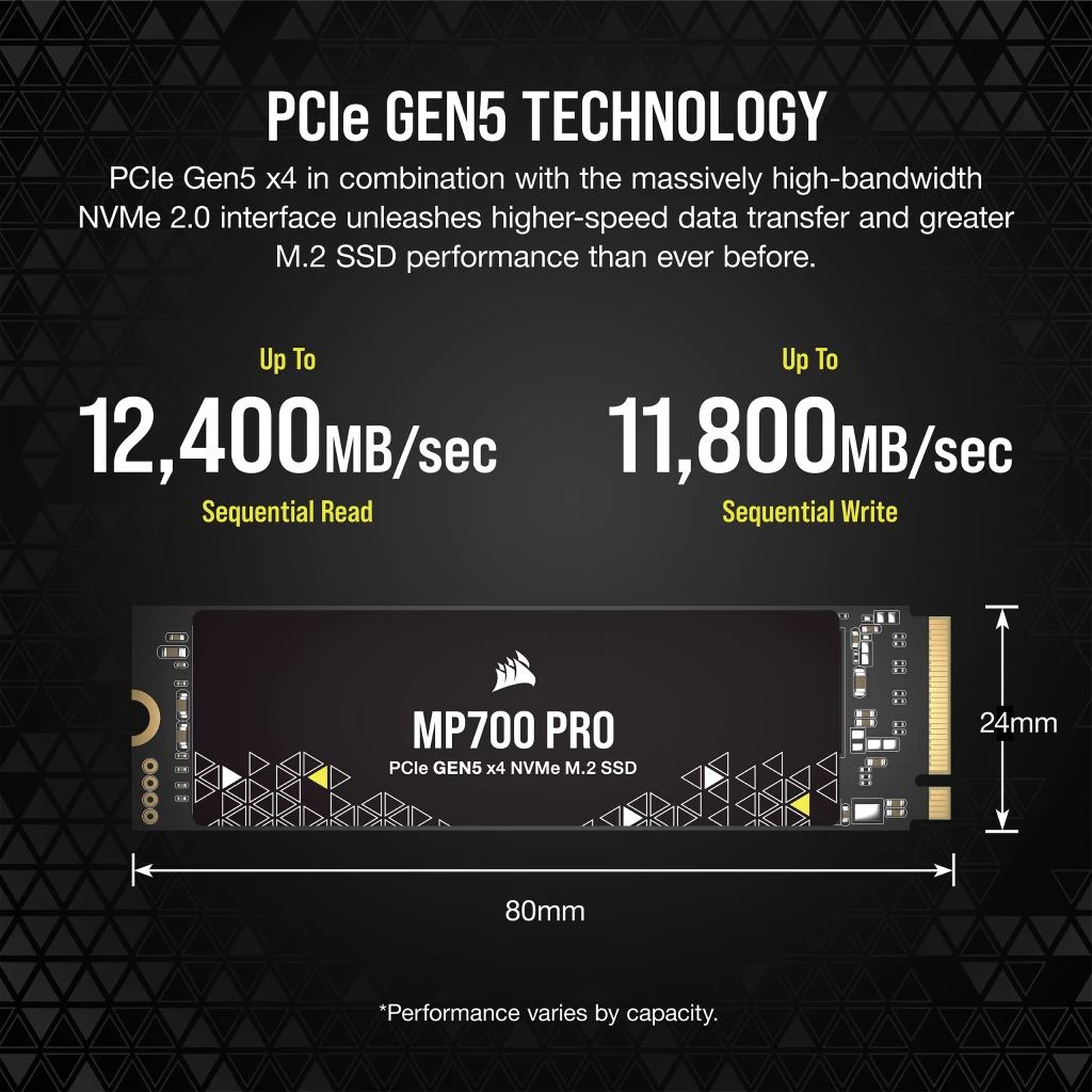 SSD Corsair MP700 PRO, 2TB, PCIe Gen 5.0 x4, NVMe, M.2, Negru