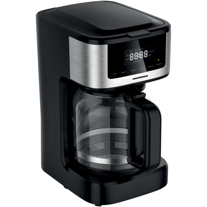 Кафемашина Heinner HCM-DD900BKSS, Дигитална, 900w, 1.8l капацитет, дигитален дисплей със сензорно управление, регулируема сила на кафето, Черна с вложки от неръждаема стомана