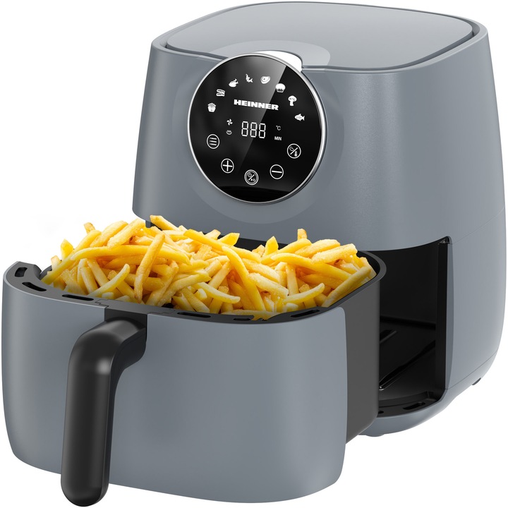 Фритюрник с горещ въздух Heinner smartfry HAF-B6GREY1700, 1700W, Капацитет 5.7 л, Дигитален дисплей със сензорно управление, Регулируем термостат 80-200 градуса, Таймер 60 мин, Антрацитно сив