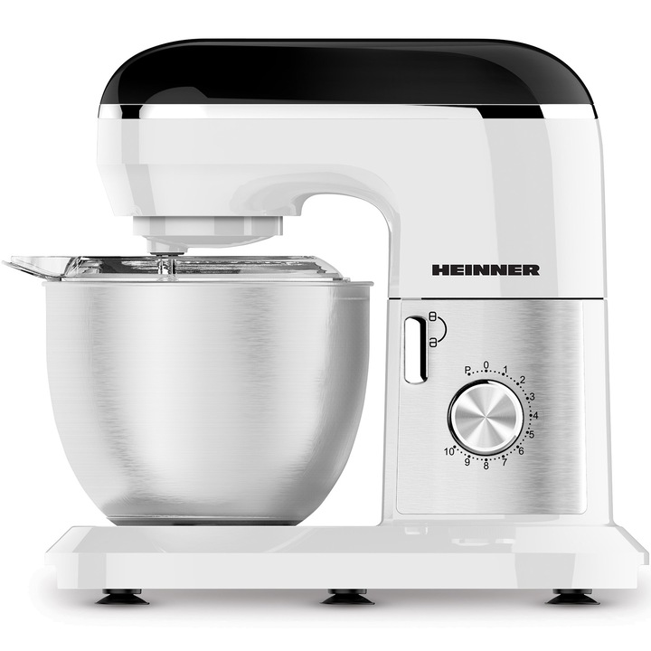 Планетарен миксер Heinner HPM-1300WHBK, 1000w, Купа от неръждаема стомана 5л, 10 скорости + импулси, Бъркалка, Кука за месене, Лопатка, Прозрачен предпазен капак, Бял