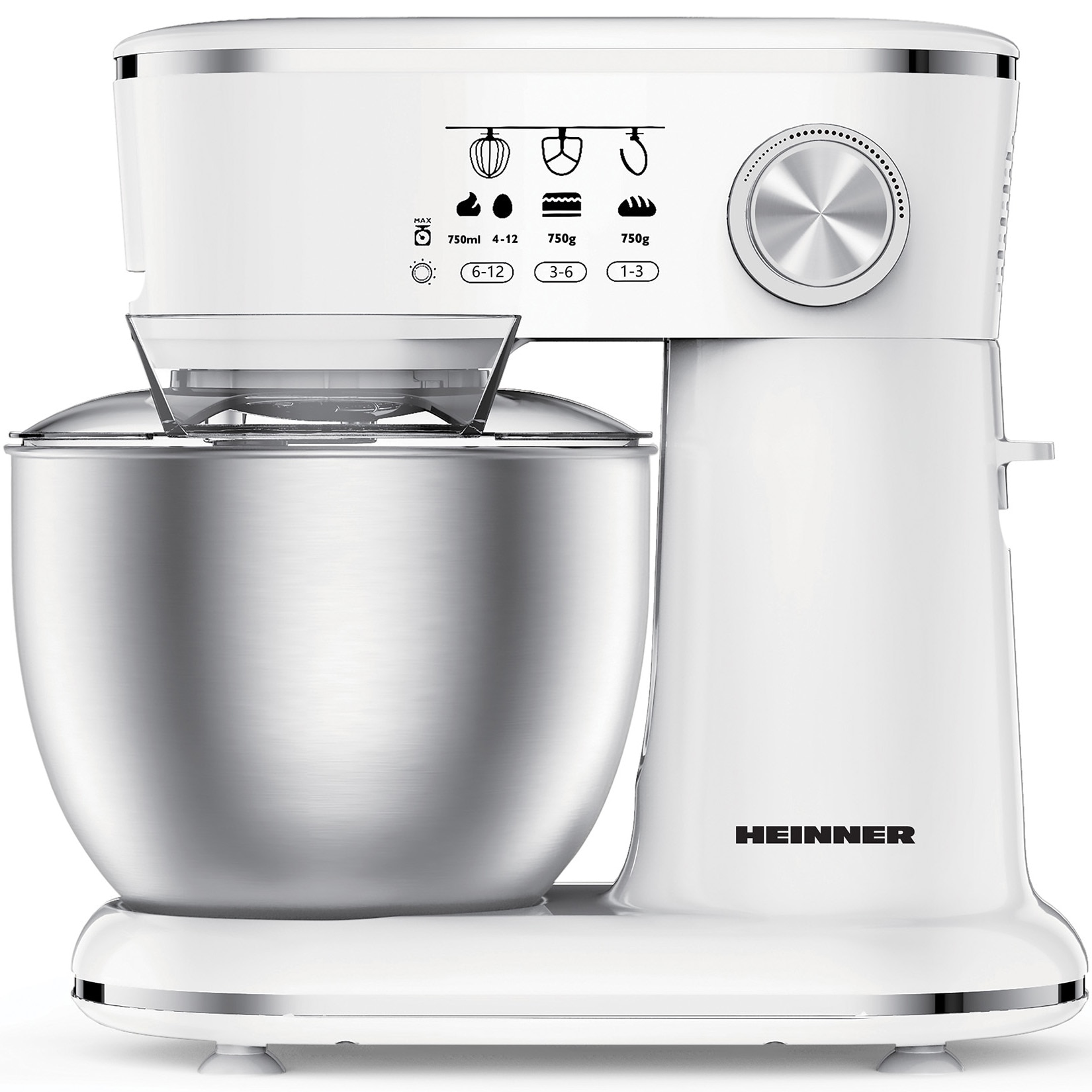 Mixer planetar Heinner HPM-1000WHCH , 1000w, bol inox 5l, 10 viteze, accesorii tel, carlig framantare, paleta, capac transparent protectie, Alb