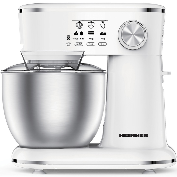 Планетарен миксер Heinner HPM-1000WHCH, 1000w, Купа от неръждаема стомана 5л, 10 скорости, Телени принадлежности, Кука за месене, Лопатка, Прозрачен предпазен капак, Бял