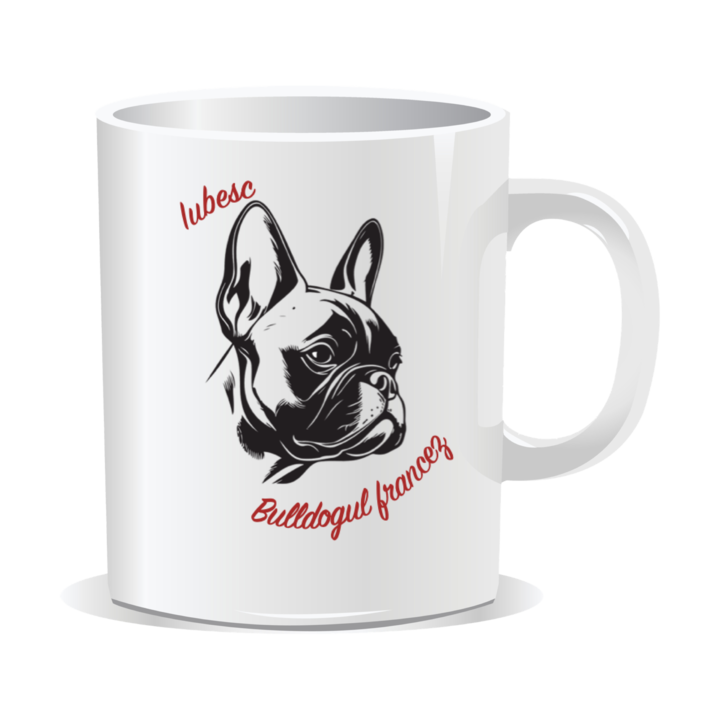 Cana personalizata cu mesaje pentru iubitorii de caini, Iubesc Bulldogul francez, 330ml, interior alb