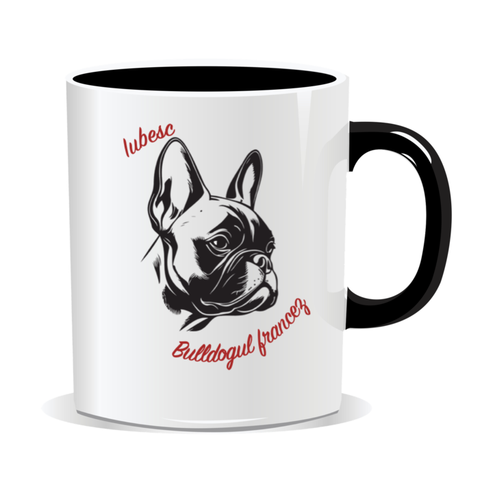 Cana personalizata cu mesaje pentru iubitorii de caini, Iubesc Bulldogul francez, 330ml, interior negru