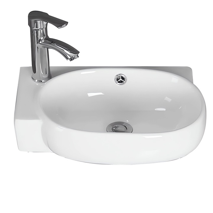 Lavoar, Alb lucios, gaura baterie in stanga si preaplin, montaj suspendat, ceramica sanitara, 42x28 cm, Torino