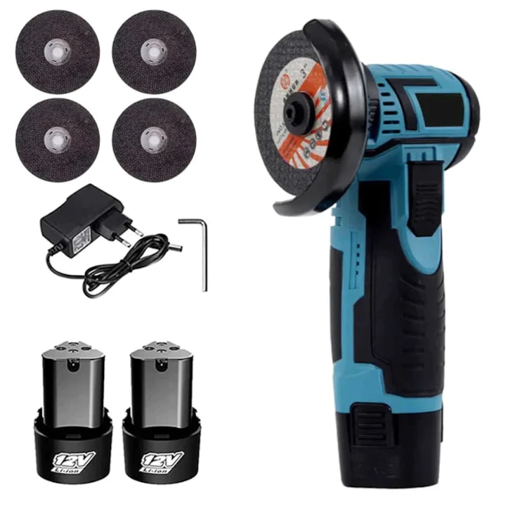 Преносим ъглошлайф Mini Flex, eSimplu®, 2 батерии 12V, 750W, 1500 mAh, 19500 об./мин., 4 диска 76 мм, Мощен, Дълга автономност, Зелен/Черен