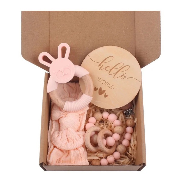 Set bebelus, fetita, cadou bun venit, jucarie dentitie iepuras, bentita, inel gingival, lant suzeta, card milestone, roz