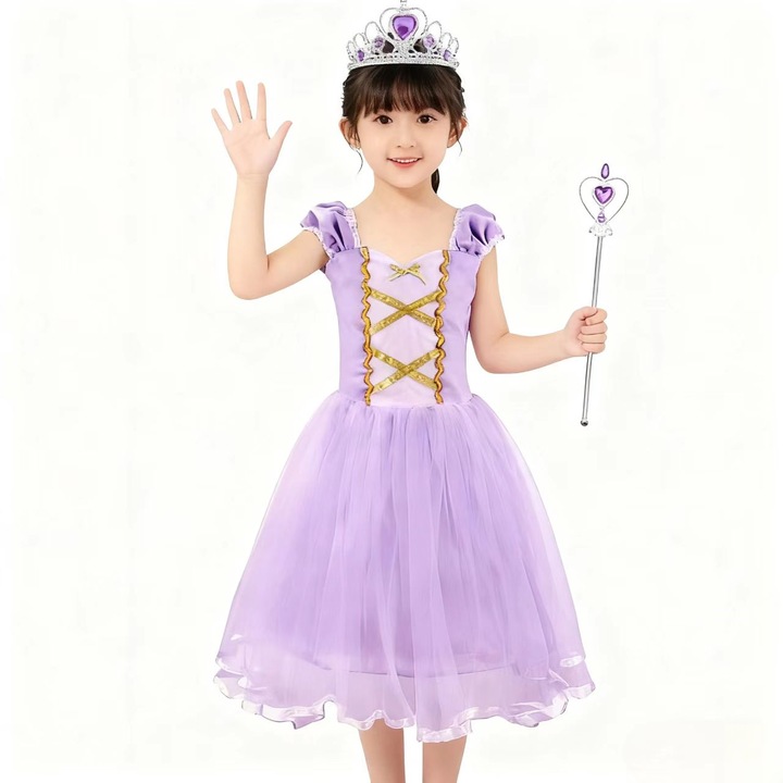 Costum carnaval Cosplay printesei Rapunzel, ANUTETOUNI®, Cu 2 accesorii, pentru petrecere aniversara, Ziua Copilului, Craciun, Halloween, Bumbac/Poliester, Mov, 130 cm, 7 ani-8 ani ﻿
